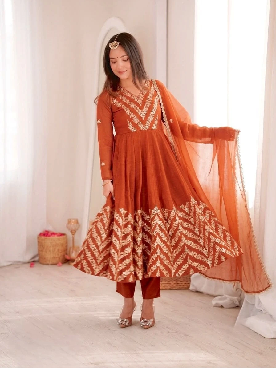 Crunchy Silk With Fully Flair With Anarkali Gown